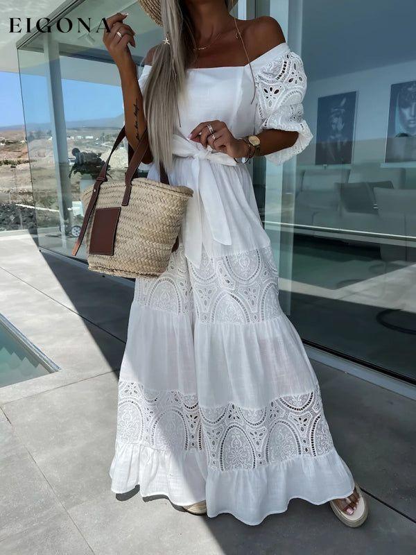 Women's Woven Square Neck Hollow Crochet Mosaic Loose Long Dress White Clothes dresses maxi dress