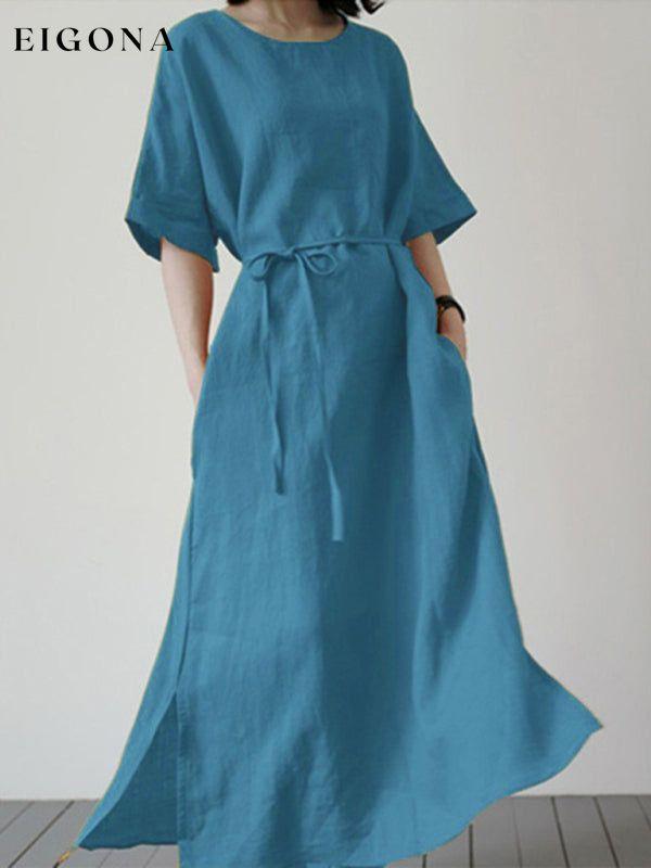 Slit Hem Sundress Elegant Short Sleeve Casual Belt Dress For Women Blue clothes dress dresses maxi dress sundress