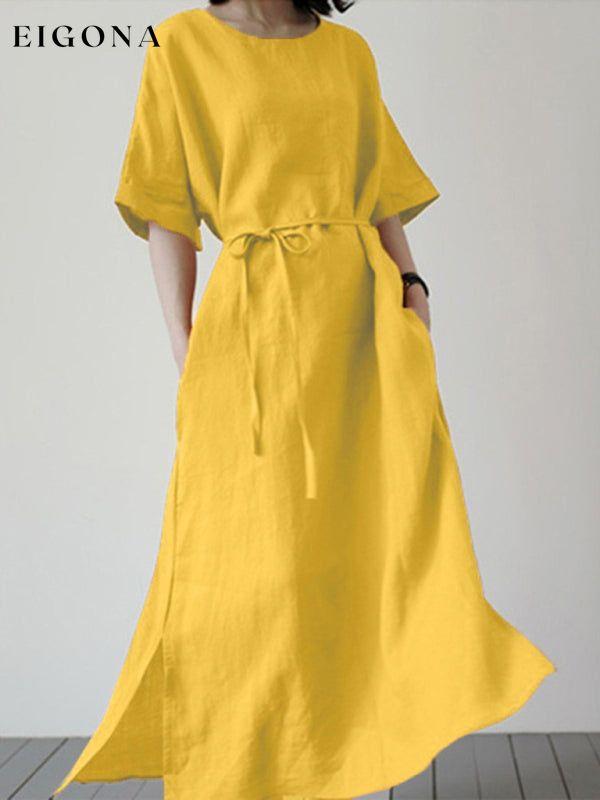 Slit Hem Sundress Elegant Short Sleeve Casual Belt Dress For Women Yellow clothes dress dresses maxi dress sundress