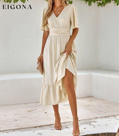 Women's summer new V-neck lotus leaf sleeve solid color dress Clothes