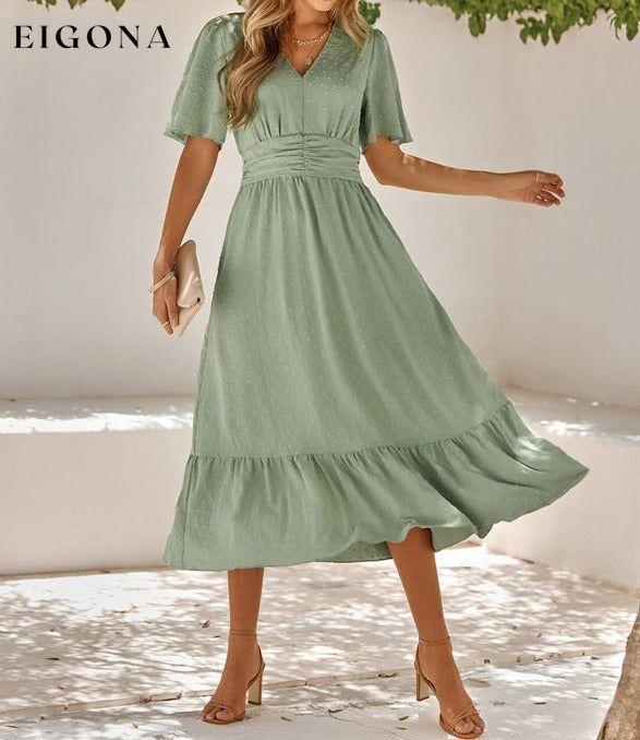 Women's summer new V-neck lotus leaf sleeve solid color dress Clothes