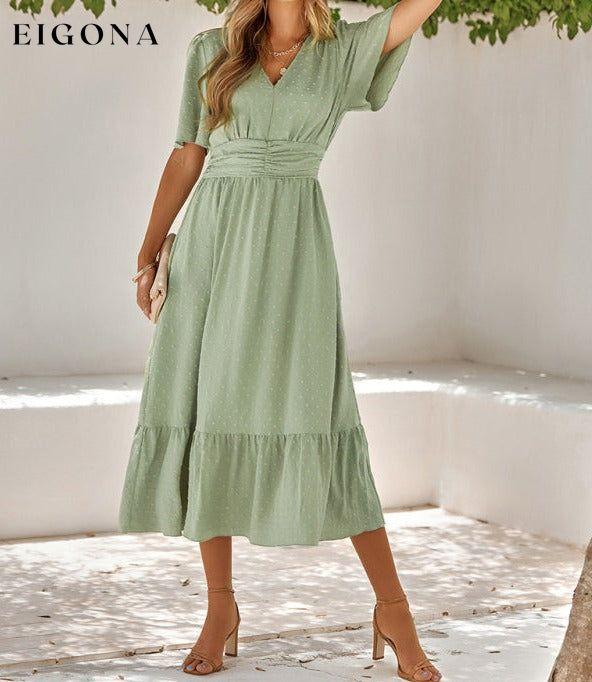 Women's summer new V-neck lotus leaf sleeve solid color dress Pale green Clothes