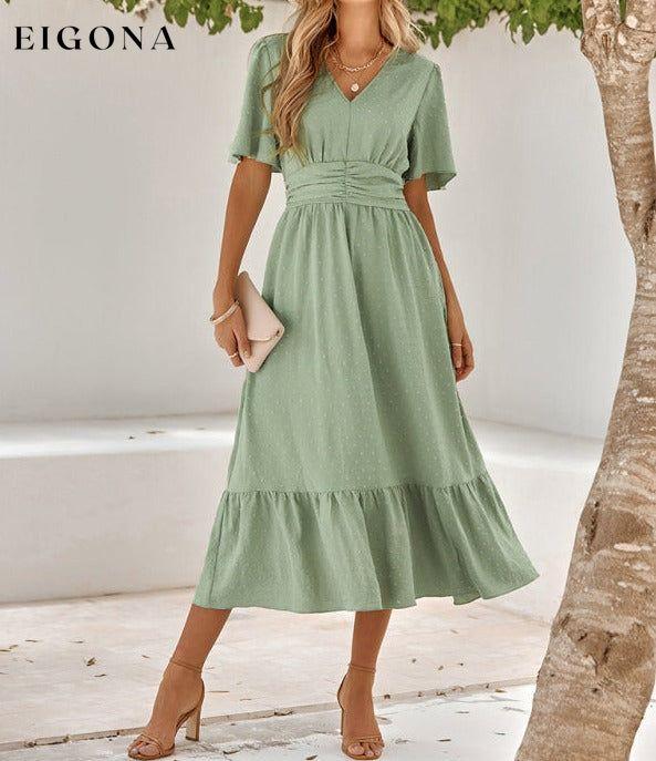 Women's summer new V-neck lotus leaf sleeve solid color dress Clothes