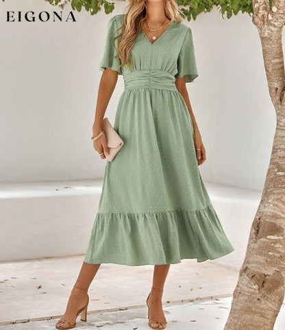 Women's summer new V-neck lotus leaf sleeve solid color dress Clothes