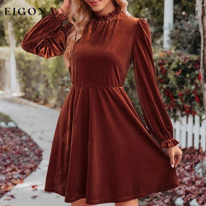 Turtleneck velvet solid color waist dress Brown casual dress casual dresses clothes dress dresses long sleeve dresses short dresses