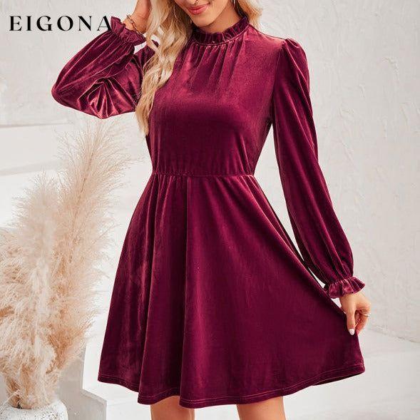 Turtleneck velvet solid color waist dress casual dress casual dresses clothes dress dresses long sleeve dresses short dresses