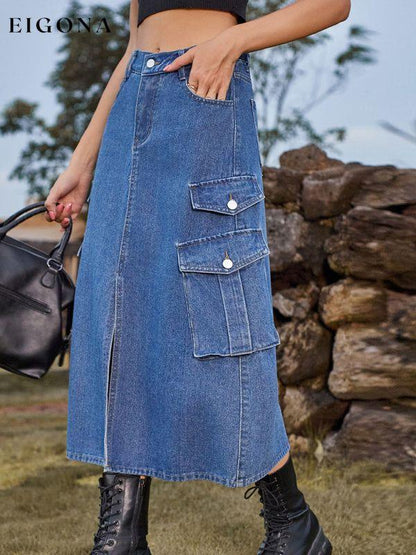 Elastic Waist Denim Cargo Casual Midi Skirt Blue Clothes