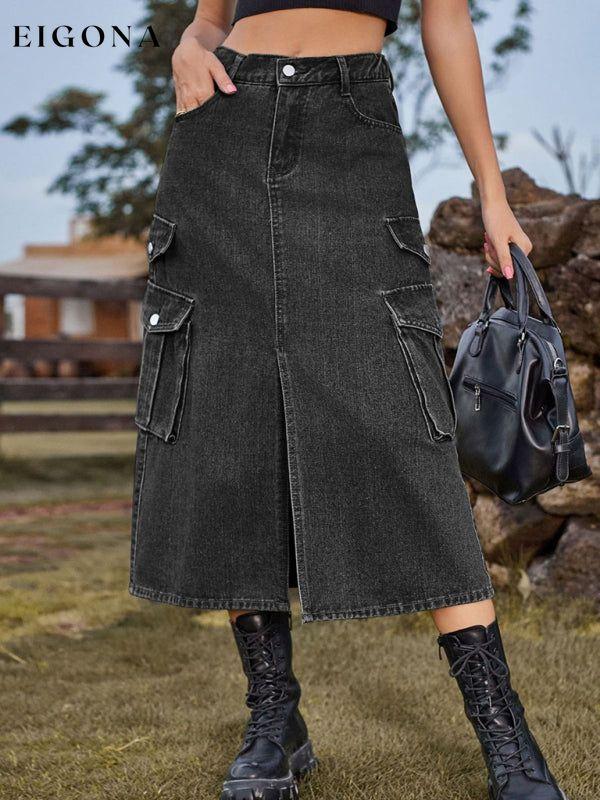 Elastic Waist Denim Cargo Casual Midi Skirt Grey Clothes