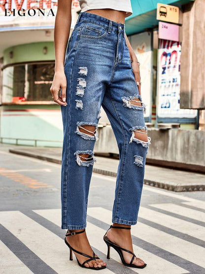 All-match washed ripped straight-leg denim cropped pants Clothes