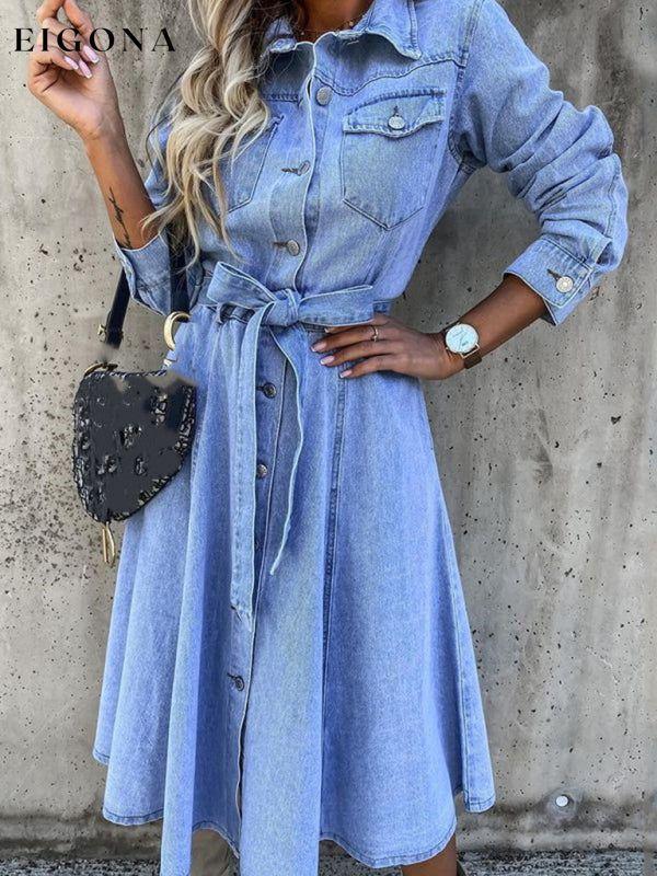 Denim Casual High Waist Pocket Lapel Dress Blue clothes denim dress dress dresses midi dress