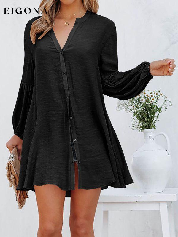 Stitching Casual Loose Cardigan Button Puff Sleeve Dress Black clothes