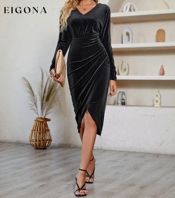 Women's V-neck solid color waisted velvet dress clothes dress dresses midi dress midi dresses