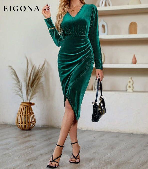 Women's V-neck solid color waisted velvet dress clothes dress dresses midi dress midi dresses