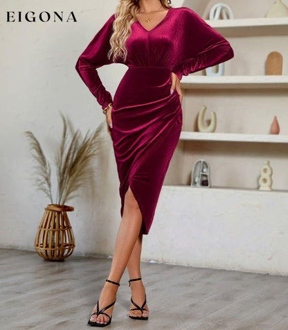 Women's V-neck solid color waisted velvet dress clothes dress dresses midi dress midi dresses