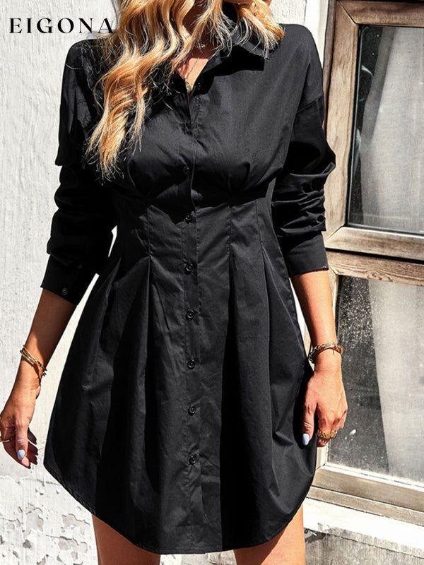 Ladies Fashion Solid Color Shirt Dress Black clothes dresses long sleeve dresses