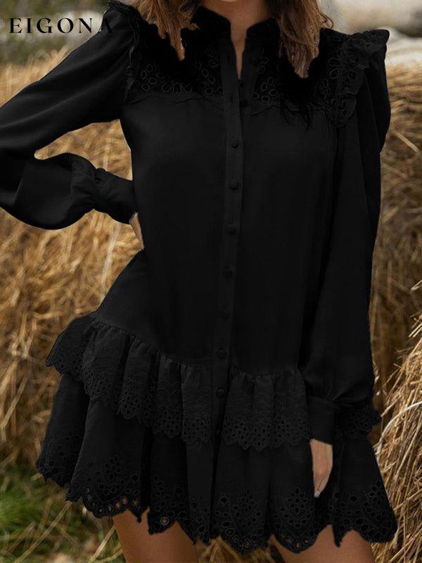 Sexy Hollow Lace Fashion Shirt Dress Black clothes dress dresses long sleeve dresses short dresses