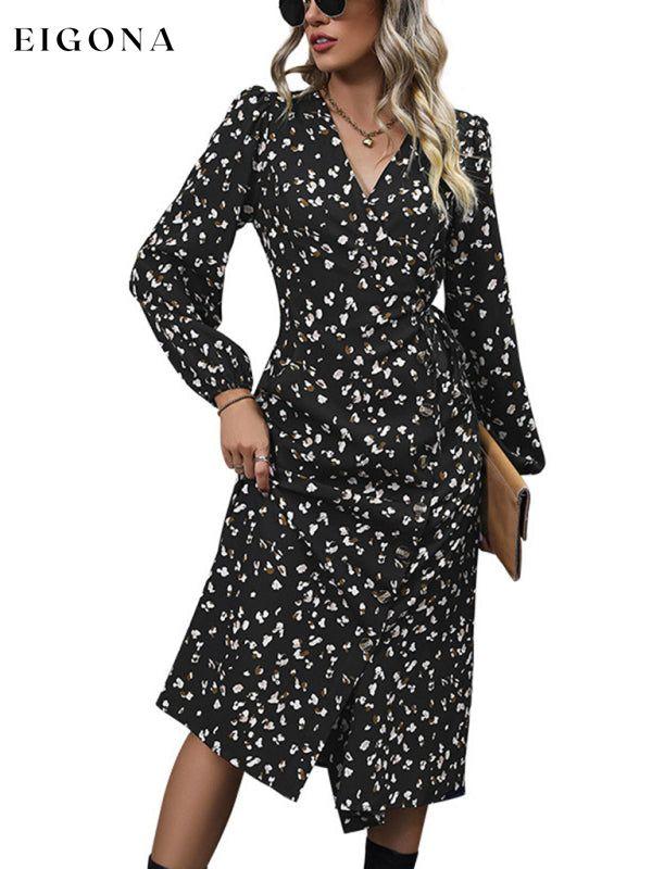 New women's V-neck waist black printed dress Clothes