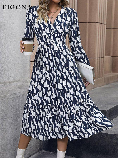 New Elegant Long Sleeve Printed Waist Dress Blue clothes dress dresses long sleeve dresses