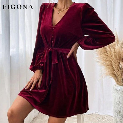 New V-neck waist A-line skirt long-sleeved velvet sexy banquet dress clothes dress dresses long sleeve dresses