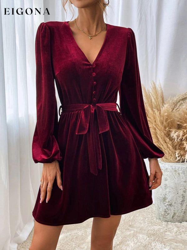 New V-neck waist A-line skirt long-sleeved velvet sexy banquet dress Wine Red clothes dress dresses long sleeve dresses