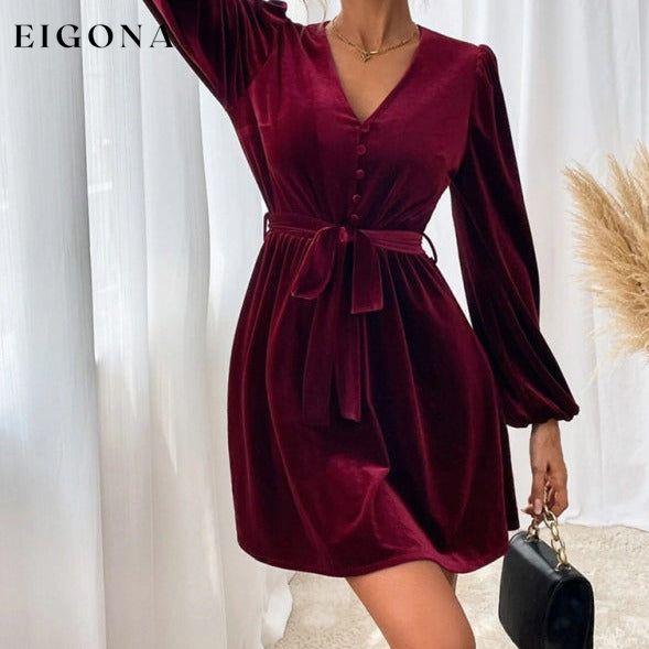 New V-neck waist A-line skirt long-sleeved velvet sexy banquet dress clothes dress dresses long sleeve dresses