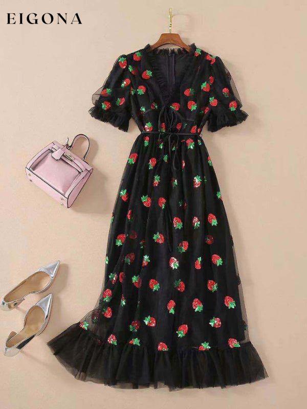 New women's French strawberry two-color sequined long skirt mesh strappy pleated dress clothes dress dresses