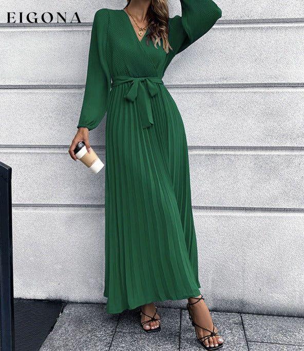 V-neck long-sleeved pleated A-line midi dress clothes dresses long dress long sleeve dresses maxi dress