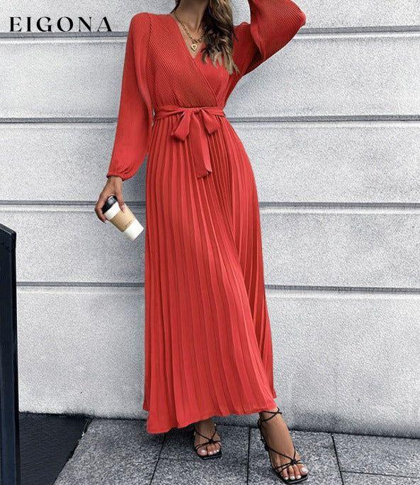 V-neck long-sleeved pleated A-line midi dress clothes dresses long dress long sleeve dresses maxi dress