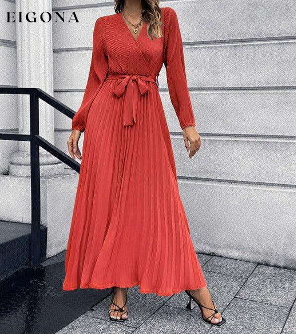 V-neck long-sleeved pleated A-line midi dress Red clothes dresses long dress long sleeve dresses maxi dress