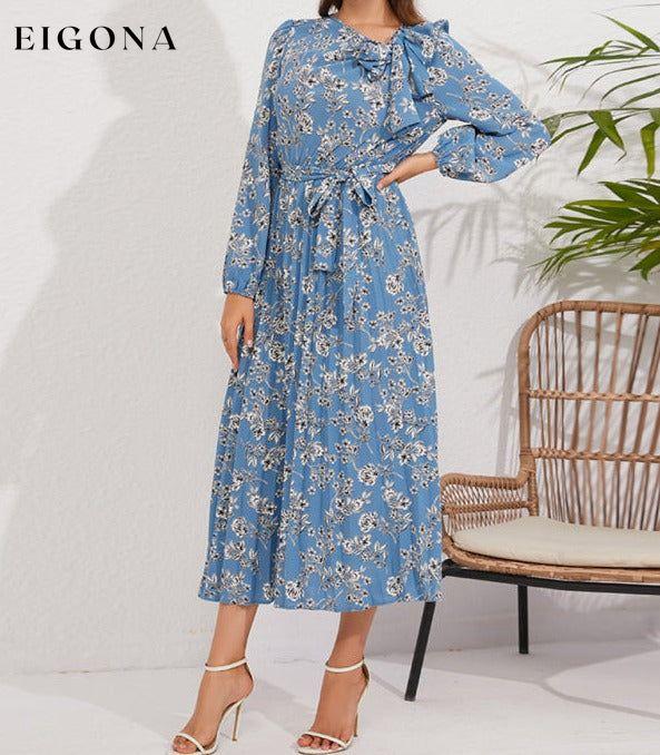 Pleated long-sleeved floral retro bow dress clothes dresses floral dress long sleeve dress long sleeve dresses long sleve dresses midi dresses office dress office dresses Print Floral work dress