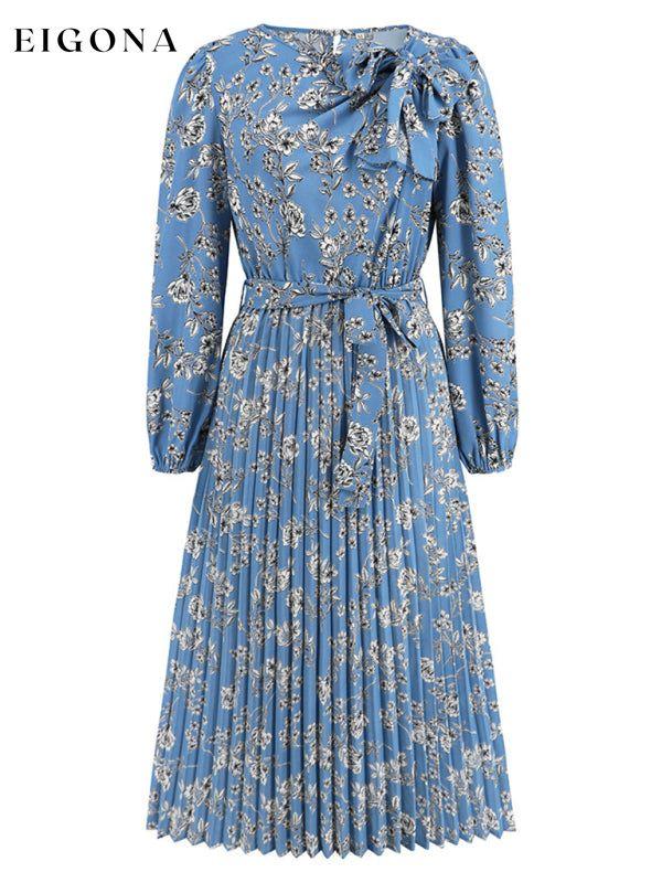 Pleated long-sleeved floral retro bow dress clothes dresses floral dress long sleeve dress long sleeve dresses long sleve dresses midi dresses office dress office dresses Print Floral work dress