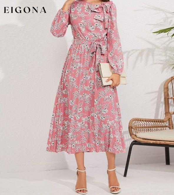 Pleated long-sleeved floral retro bow dress clothes dresses floral dress long sleeve dress long sleeve dresses long sleve dresses midi dresses office dress office dresses Print Floral work dress