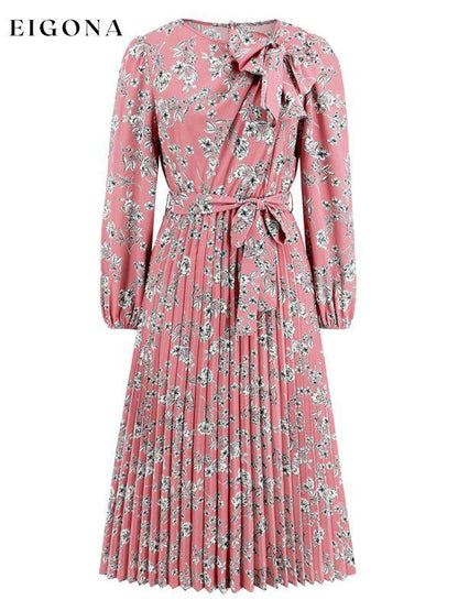 Pleated long-sleeved floral retro bow dress clothes dresses floral dress long sleeve dress long sleeve dresses long sleve dresses midi dresses office dress office dresses Print Floral work dress