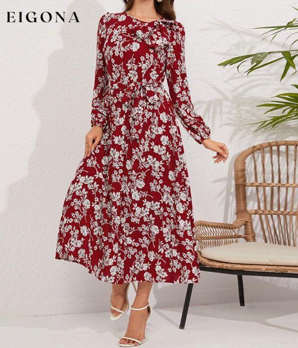 Pleated long-sleeved floral retro bow dress clothes dresses floral dress long sleeve dress long sleeve dresses long sleve dresses midi dresses office dress office dresses Print Floral work dress