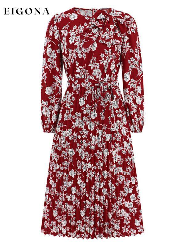 Pleated long-sleeved floral retro bow dress clothes dresses floral dress long sleeve dress long sleeve dresses long sleve dresses midi dresses office dress office dresses Print Floral work dress