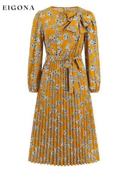 Pleated long-sleeved floral retro bow dress clothes dresses floral dress long sleeve dress long sleeve dresses long sleve dresses midi dresses office dress office dresses Print Floral work dress