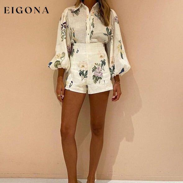 New style fresh floral ladylike temperament commuter long-sleeved shirt top high-waisted shorts suit clothes pants set set sets short set