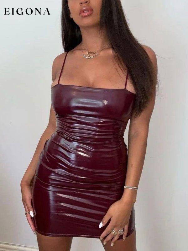 Mini Dress, New fashionable PU sexy suspender Bodycon waist and hip Mini Latex Style dress Wine Red clothes dress dresses mini dress short dress short dresses short sleeve dress tight dresses