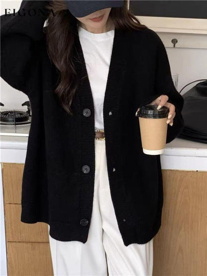 Women's loose buttoned versatile knitted cardigan Black FREESIZE cardigan clothes sweaters