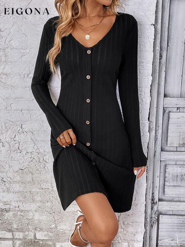 Women's Fashion Button Waist Long Sleeve Dress Black casual dresses clothes clothing dress dresses long sleeve dress long sleeve dresses short dresses