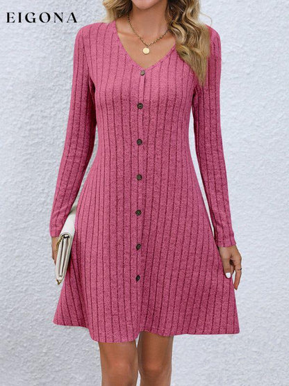 Women's Fashion Button Waist Long Sleeve Dress Rose casual dresses clothes clothing dress dresses long sleeve dress long sleeve dresses short dresses