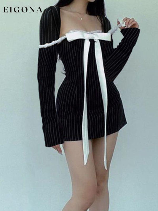 New style French square neck bow tie temperament striped long-sleeved Sexy Mini dress casual dress casual dresses clothes dress dresses long sleeve dress long sleeve dresses short dresses