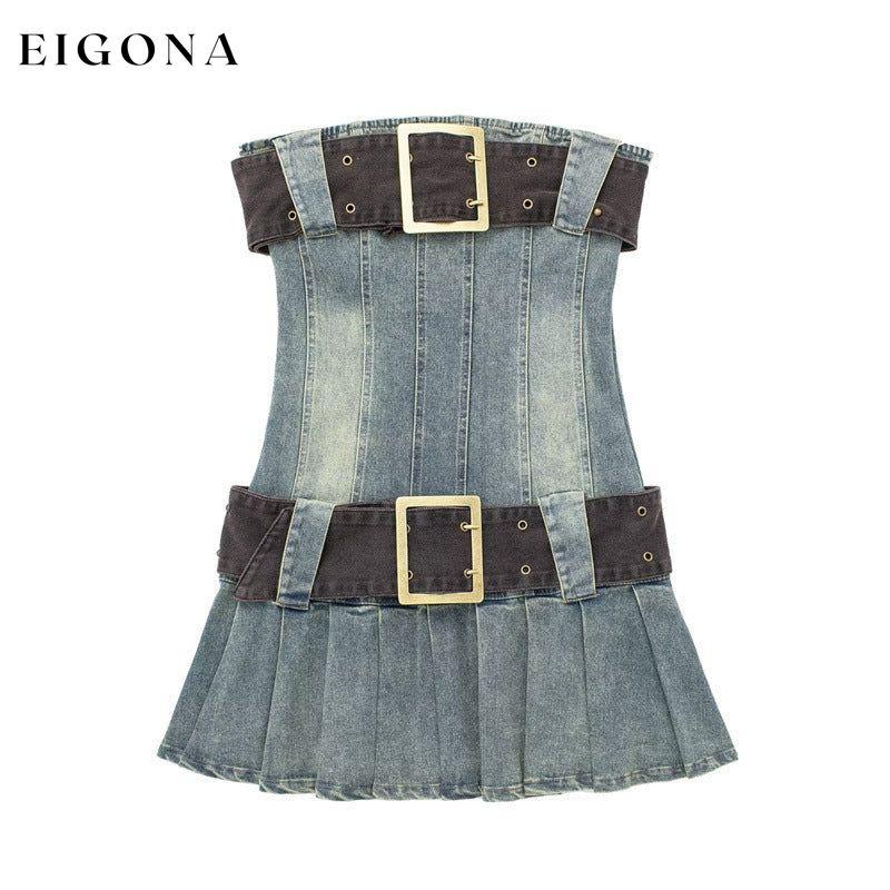 Tube top denim dress female retro hot girl pleated skirt big belt wrapped chest skirt Blue Clothes