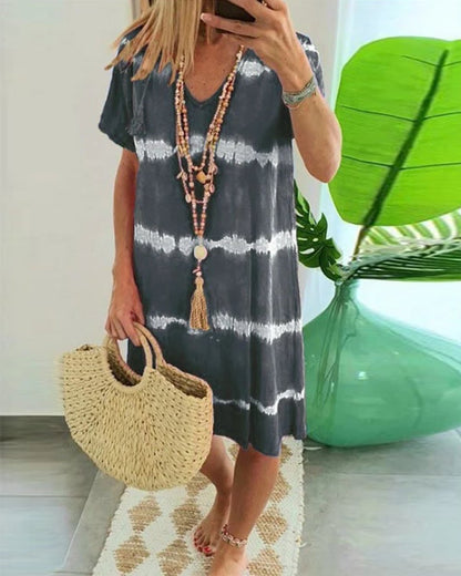 ?Tie-dye Striped Short-sleeved Loose T-shirt Dress Dress