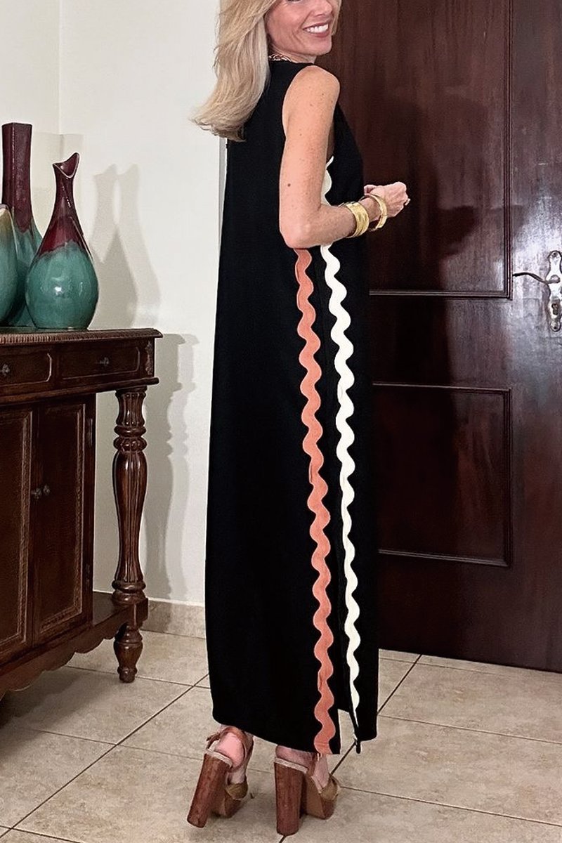 Women's ribbed contrast color wave ribbon sleeveless long dress Dress