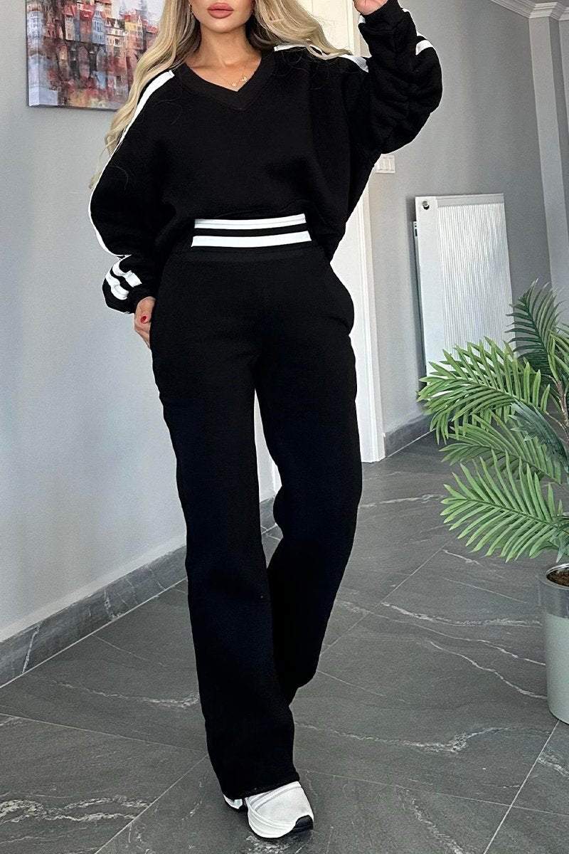 V-neck Long-sleeved Striped Design Casual Sweatshirt Suit Pant sets sets Two piece sets