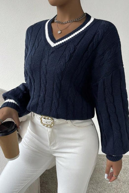 Women's Casual Contrast Textured V-Neck Sweater sweaters Top