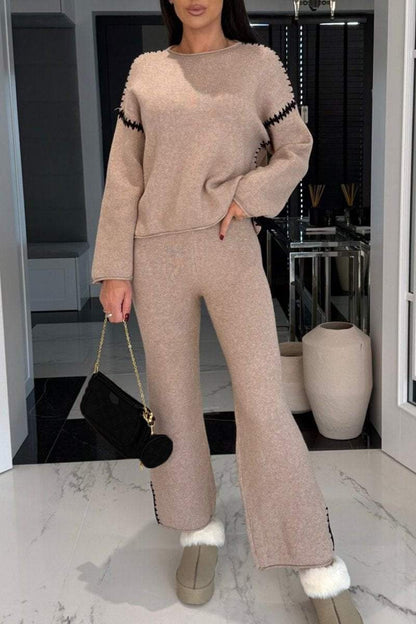 Women's Round Neck Long Sleeve Knitted Casual Suit Sets Two piece sets