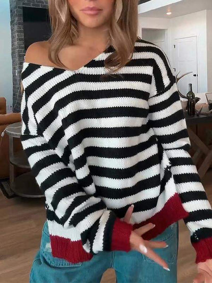 Women's V-neck Striped Sweater Cotton Sweater