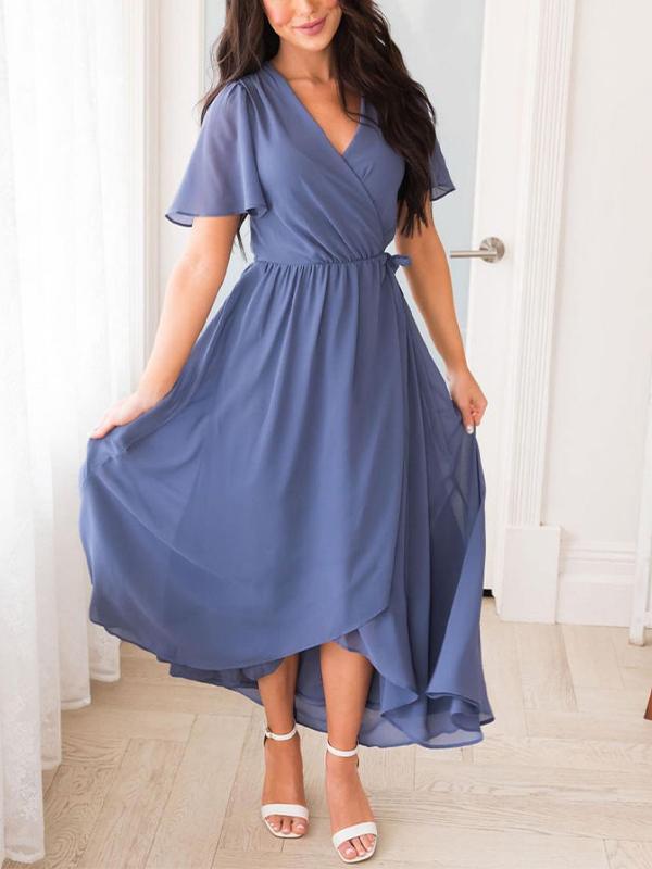 Women's V-neck Solid Color Short-sleeved Chiffon Waist Dress Chiffon Dress